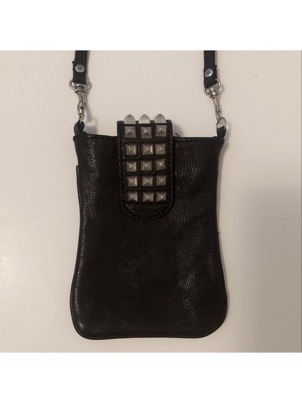 Black Studded Leather Crossbody Phone Pouch